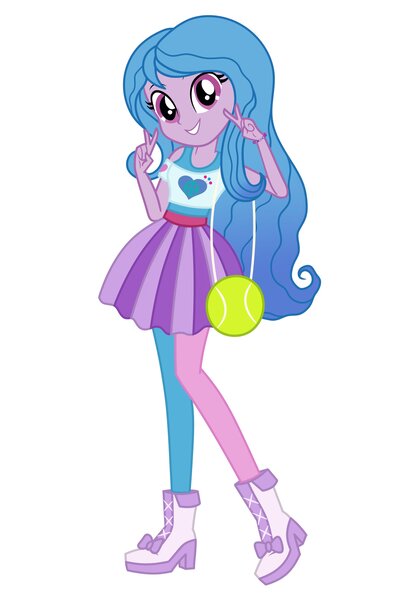 Size: 2600x3800 | Tagged: safe, artist:seabeersky, derpibooru import, izzy moonbow, equestria girls, bag, ball, boots, bracelet, clothes, cute, equestria girls-ified, eyelashes, female, g5, high res, image, izzy's tennis ball, izzybetes, jewelry, jpeg, looking at you, peace sign, purse, shirt, shoes, simple background, skirt, smiling, solo, tennis ball, white background
