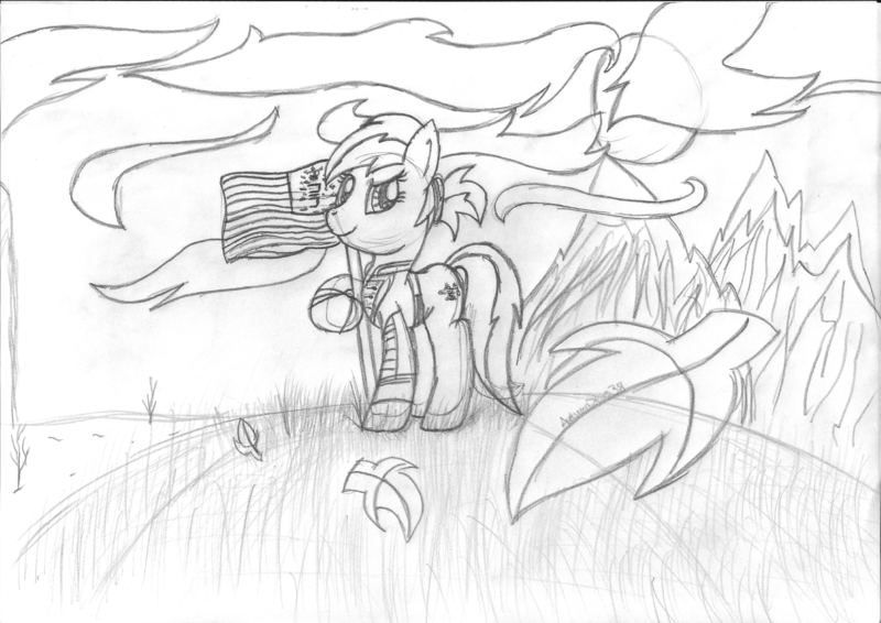 Size: 3494x2474 | Tagged: safe, artist:pegasski, derpibooru import, oc, unofficial characters only, earth pony, pony, fallout equestria, clothes, earth pony oc, female, flag, grayscale, image, lineart, mare, monochrome, png, solo, traditional art