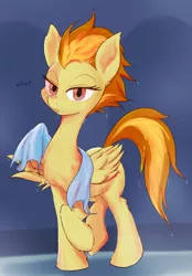 Size: 1430x2057 | Tagged: safe, artist:noupu, derpibooru import, spitfire, pegasus, pony, female, image, jpeg, lidded eyes, long neck, looking at you, mare, shower, simple background, solo, talking, talking to viewer, towel, wet