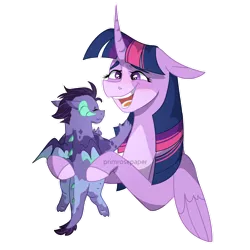 Size: 1280x1280 | Tagged: safe, artist:primrosepaper, derpibooru import, twilight sparkle, oc, oc:athena, alicorn, dragon, auntie twilight, baby, baby dragon, happy, holding a dragon, image, offspring, parent:princess ember, parents:emberspike, parent:spike, png, simple background, transparent background, twilight sparkle (alicorn)