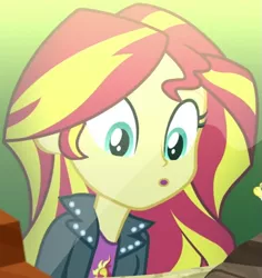 Size: 571x605 | Tagged: safe, derpibooru import, screencap, sunset shimmer, eqg summertime shorts, equestria girls, pet project, :o, clothes, cropped, cutie mark, cutie mark on clothes, image, jacket, leather jacket, open mouth, png, shirt, solo