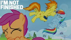 Size: 1280x720 | Tagged: safe, derpibooru import, edit, edited screencap, editor:quoterific, screencap, rainbow dash, scootaloo, spitfire, pegasus, pony, the washouts (episode), abuse, angry, clothes, eyes closed, female, filly, flying, image, jpeg, mare, open mouth, scared, sunglasses, trio, trio female, yelling