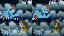 Size: 1280x720 | Tagged: safe, derpibooru import, edit, edited screencap, editor:quoterific, screencap, angel bunny, fluttershy, harry, rainbow dash, bear, pegasus, pony, rabbit, rat, squirrel, 28 pranks later, angry, animal, duo, duo female, female, image, jpeg, mare, night, open mouth, scared, smiling, solo