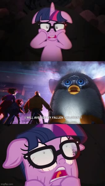 Size: 500x887 | Tagged: safe, derpibooru import, sci-twi, twilight sparkle, equestria girls, furby, giant furby, image, imgflip, jpeg, meme, reaction image, the mitchells vs. the machines