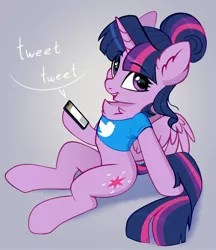 Size: 2800x3248 | Tagged: safe, artist:taneysha, derpibooru import, twilight sparkle, alicorn, semi-anthro, chest fluff, clothes, image, jpeg, looking at you, meta, mobile phone, phone, shirt, smiling, solo, spread wings, twilight sparkle (alicorn), twitter, wings