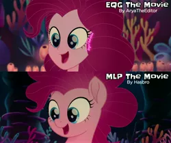 Size: 3725x3120 | Tagged: safe, artist:aryatheeditor, derpibooru import, screencap, pinkie pie, earth pony, pony, equestria girls, my little pony: the movie, clothes, comparison, digital art, element of laughter, equestria girls interpretation, female, happiness, happy, high res, human and pony, image, jewelry, jpeg, magical geodes, mare, movie, movie accurate, movie reference, open mouth, outfit, pendant, ponied up, pony ears, scene interpretation, screencap reference, seaquestria, shirt