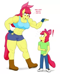 Size: 1793x2191 | Tagged: safe, artist:matchstickman, derpibooru import, apple bloom, anthro, earth pony, plantigrade anthro, pony, tumblr:where the apple blossoms, abs, apple bloom's bow, apple brawn, biceps, boots, bow, breasts, busty apple bloom, clothes, deltoids, dialogue, duo, exclamation point, female, filly, fingerless gloves, gloves, hair bow, image, jeans, looking at each other, mare, matchstickman's apple brawn series, muscles, older, older apple bloom, pants, png, self ponidox, shirt, shocked, shoes, shorts, simple background, thighs, thunder thighs, time paradox, tumblr comic, white background, wtf