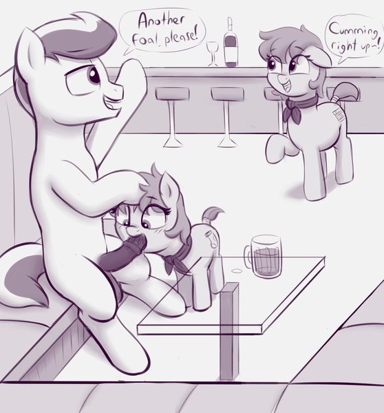 Size: 2672x2872 | Tagged: explicit, artist:heretichesh, derpibooru import, oc, oc:flint spark, unofficial characters only, earth pony, pony, age difference, alcohol, bar stool, blowjob, blushing, bottle, casual sex, clothes, female, filly, foalcon, glass table, image, male, mare, mother and child, mother and daughter, nudity, oral, penis, png, prostitution, scarf, service pony, sex, sketch, stallion, stallion on filly, straight, underage, wine bottle