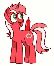 Size: 434x522 | Tagged: safe, ponerpics import, lyra heartstrings, pony, unicorn, food, image, ketchup, ketchup bottle, open mouth, png, sauce, simple background, smiling, tomato, white background