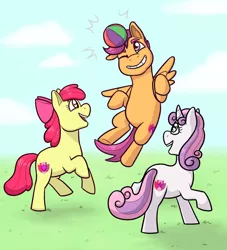 Size: 1280x1409 | Tagged: safe, artist:verikoira, derpibooru import, apple bloom, scootaloo, sweetie belle, earth pony, pegasus, pony, unicorn, ball, cutie mark, cutie mark crusaders, female, filly, foal, image, jpeg, the cmc's cutie marks, trio, trio female