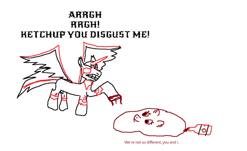 Size: 1029x629 | Tagged: safe, artist:anonymous, ponerpics import, oc, oc:edgeblade, ponified, alicorn, condiment pony, food pony, goo, goo pony, ketchup pony, object pony, original species, pony, alicorn oc, condiment, dialogue, food, horn, image, ketchup, png, red and black oc, sauce, simple background, white background, wings