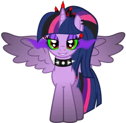 Size: 5656x5523 | Tagged: safe, artist:severity-gray, derpibooru import, twilight sparkle, twilight sparkle (alicorn), alicorn, pony, altered cutie mark, alternate hairstyle, alternate timeline, alternate universe, collar, corrupted, corrupted twilight sparkle, crown, dark magic, ear piercing, eyeshadow, horn, image, jewelry, looking at you, magic, makeup, piercing, png, regalia, ring, simple background, smiling, solo, sombra eyes, spiked collar, spread wings, transparent background, wings