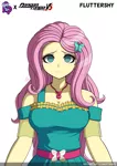 Size: 1309x1852 | Tagged: safe, artist:pyropk, derpibooru import, kotobukiya, fluttershy, human, equestria girls, breasts, clothes, crossover, danganronpa, danganronpa v3, dress, image, jpeg