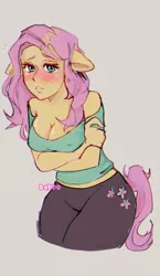 Size: 839x1443 | Tagged: suggestive, artist:b4ddo, artist:miyuzkui, derpibooru import, fluttershy, anthro, bare shoulders, blushing, breasts, busty fluttershy, cleavage, clothes, crossed arms, cutie mark, cutie mark on clothes, erect nipples, female, floppy ears, human facial structure, image, nipple outline, png, solo, solo female