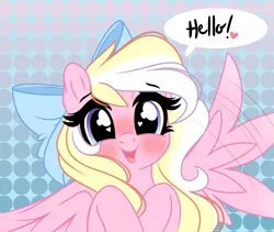 Size: 3106x2620 | Tagged: safe, artist:emberslament, derpibooru import, oc, oc:bay breeze, pegasus, blushing, bow, cute, female, hair bow, happy, heart eyes, image, ocbetes, open mouth, png, solo, speech bubble, talking to viewer, wingding eyes, wing flap