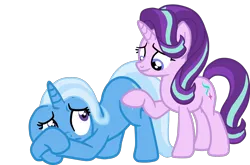 Size: 1314x867 | Tagged: safe, artist:gmaplay, derpibooru import, starlight glimmer, trixie, pony, unicorn, butt touch, hoof on butt, image, png, scared, simple background, solo, transparent background