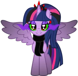 Size: 5656x5523 | Tagged: safe, alternate version, artist:severity-gray, derpibooru import, twilight sparkle, twilight sparkle (alicorn), alicorn, pony, altered cutie mark, alternate hairstyle, alternate timeline, alternate universe, clothes, collar, corrupted, corrupted twilight sparkle, crown, dark magic, ear piercing, eyeshadow, horn, image, jewelry, looking at you, magic, makeup, piercing, png, regalia, ring, scarf, simple background, smiling, solo, sombra eyes, spiked collar, spread wings, transparent background, wings