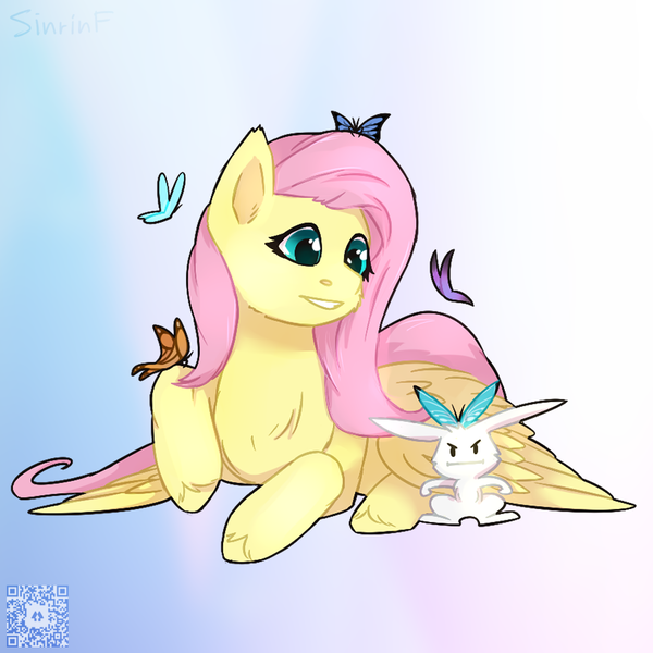 Size: 1000x1000 | Tagged: safe, artist:sinrinf, derpibooru import, angel bunny, fluttershy, butterfly, insect, pegasus, pony, image, png, qr code, simple background, solo, sticker