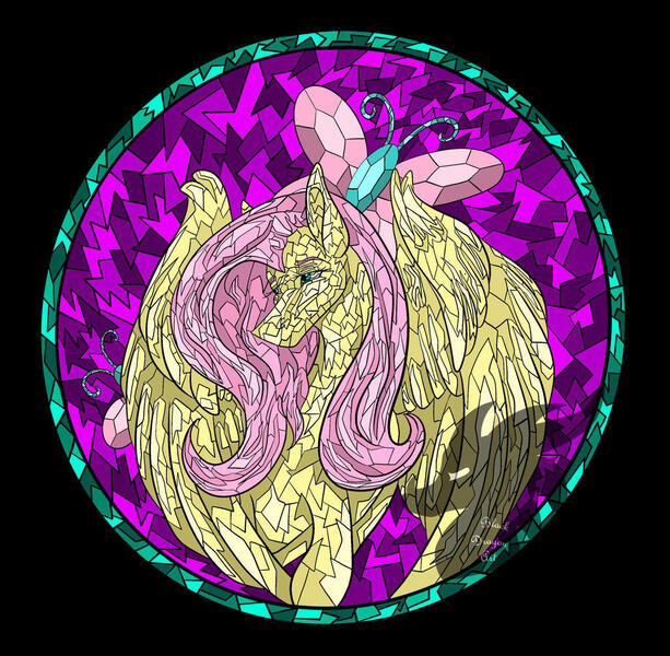 Size: 1024x1002 | Tagged: safe, artist:blackdragonart98, derpibooru import, fluttershy, pegasus, pony, image, jpeg, solo, stained glass, watermark