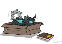 Size: 1152x821 | Tagged: safe, artist:rokosmith26, derpibooru import, part of a set, oc, oc:tarsi, unofficial characters only, changeling, bait, behaving like a cat, book, box, changeling in a box, changeling oc, commission, eyes on the prize, floppy ears, glasses, horn, if i fits i sits, image, imminent pounce, looking at something, lying down, male, part of a series, png, roko's hunting ponies, simple background, solo, string, tail, transparent background, wings, ych result