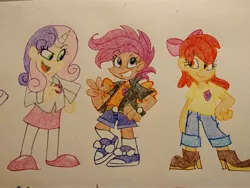 Size: 4160x3120 | Tagged: safe, artist:mirabuncupcakes15, derpibooru import, apple bloom, scootaloo, sweetie belle, human, alternate hairstyle, apple bloom's bow, belt, boots, bow, clothes, converse, cutie mark crusaders, female, flats, grin, hair bow, horn, horned humanization, humanized, image, jacket, jeans, jpeg, leather jacket, older, older apple bloom, older cmc, older scootaloo, older sweetie belle, open mouth, pants, shirt, shoes, shorts, simple background, sirt, skirt, smiling, socks, stockings, thigh highs, traditional art, trio, t-shirt, watch, white background, winged humanization, wings, wristwatch