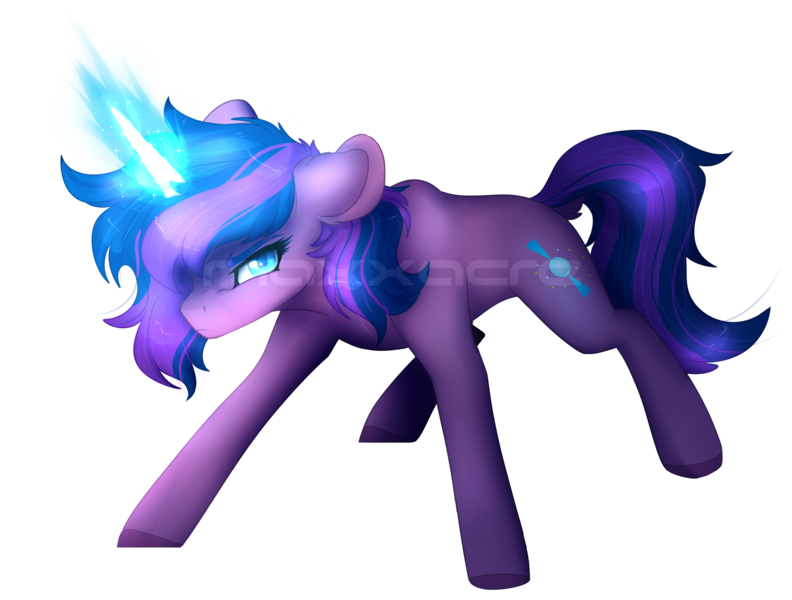 Size: 2258x1710 | Tagged: safe, artist:maxxacure, derpibooru import, oc, oc:stellar trace, unofficial characters only, pony, unicorn, battle stance, commission, cutie mark, female, female focus, horn, image, magic, neutron star, png, pulsar, simple background, solo, solo focus, transparent background