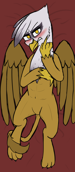 Size: 1021x2333 | Tagged: suggestive, artist:somber, derpibooru import, gilda, gryphon, abs, angry, bed, belly button, blushing, dakimakura cover, female, gildere, image, laying on bed, lying down, middle finger, on bed, png, solo, tsundere, vulgar