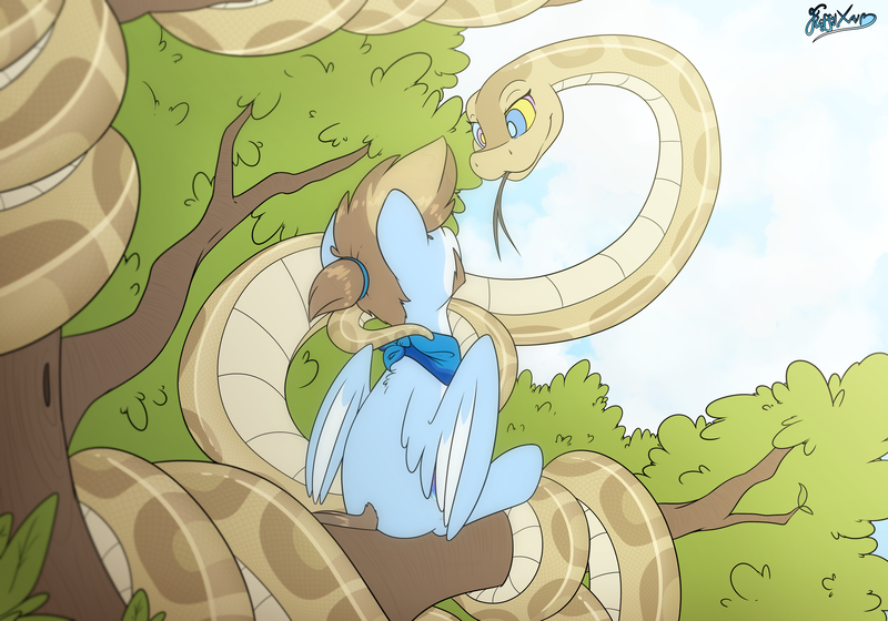 Size: 5000x3500 | Tagged: safe, artist:fluffyxai, derpibooru import, oc, oc:anika, unofficial characters only, pegasus, pony, snake, coils, commission, fetish, hypno eyes, hypnosis, hypnosis fetish, image, male, png, stallion, tree, ych result