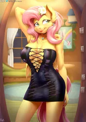 Size: 1270x1795 | Tagged: suggestive, alternate version, artist:viejillox64art, derpibooru import, fluttershy, anthro, pegasus, art pack:heat of the moment, absolute cleavage, arm behind head, big breasts, breasts, busty fluttershy, cheek fluff, cleavage, clothes, dress, ear fluff, flower, flower in hair, image, jewelry, jpeg, lipstick, necklace, shoulder fluff, solo, textless version