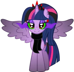 Size: 5056x4937 | Tagged: safe, alternate version, artist:severity-gray, derpibooru import, twilight sparkle, twilight sparkle (alicorn), alicorn, pony, absurd resolution, altered cutie mark, alternate hairstyle, alternate timeline, alternate universe, clothes, collar, corrupted, corrupted twilight sparkle, crown, dark magic, ear piercing, eyeshadow, fangs, horn, image, jewelry, looking at you, magic, makeup, piercing, png, regalia, ring, scarf, simple background, smiling, solo, sombra eyes, spiked collar, spread wings, transparent background, wings