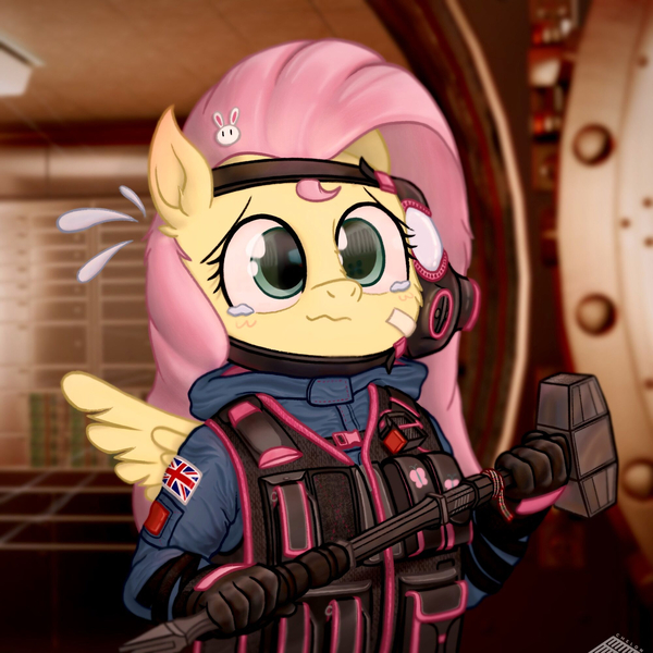 Size: 2000x2000 | Tagged: safe, artist:fchelon, derpibooru import, fluttershy, anthro, adorable distress, bandaid, british flag, bust, cheek fluff, clothes, crossover, crying, cute, emanata, female, gas mask, hair accessory, hairpin, hammer, high res, holding, image, indoors, jpeg, looking at you, mask, military, military uniform, rainbow six siege, sas, shyabetes, sledgehammer, solo, spread wings, stray strand, sweat, tactical vest, teary eyes, three quarter view, uniform, union jack, vest, wavy mouth, winged anthro, wings