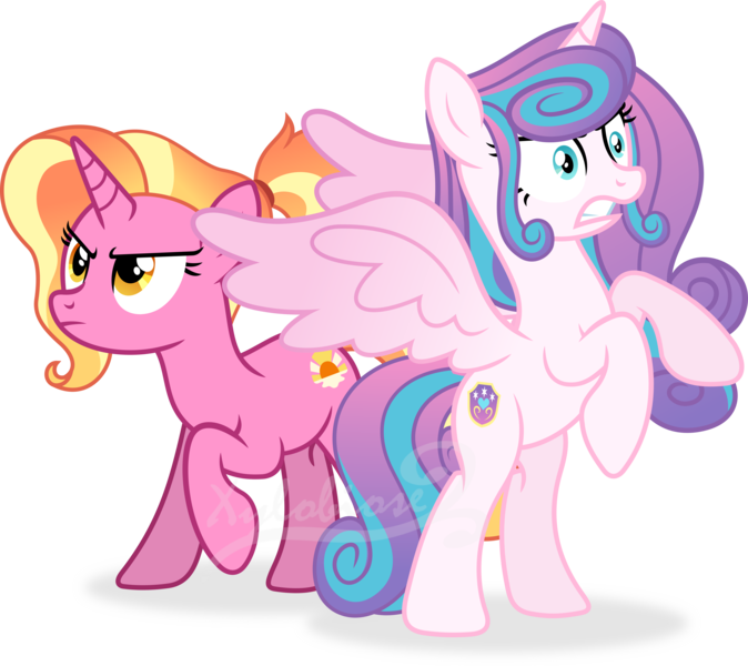 Size: 4382x3899 | Tagged: safe, artist:kojibiose, derpibooru import, luster dawn, princess flurry heart, alicorn, pony, unicorn, the last problem, absurd resolution, angry, bipedal, duo, duo female, female, image, mare, older, older flurry heart, png, raised hoof, simple background, spread wings, teeth, transparent background, vector, wings