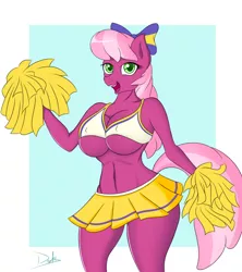 Size: 1136x1280 | Tagged: suggestive, artist:drakxs, derpibooru import, cheerilee, anthro, belly button, big breasts, breasts, cheerileeder, cheerleader, cheerleader outfit, cleavage, clothes, female, image, miniskirt, pinup, png, simple background, skirt, solo, solo female