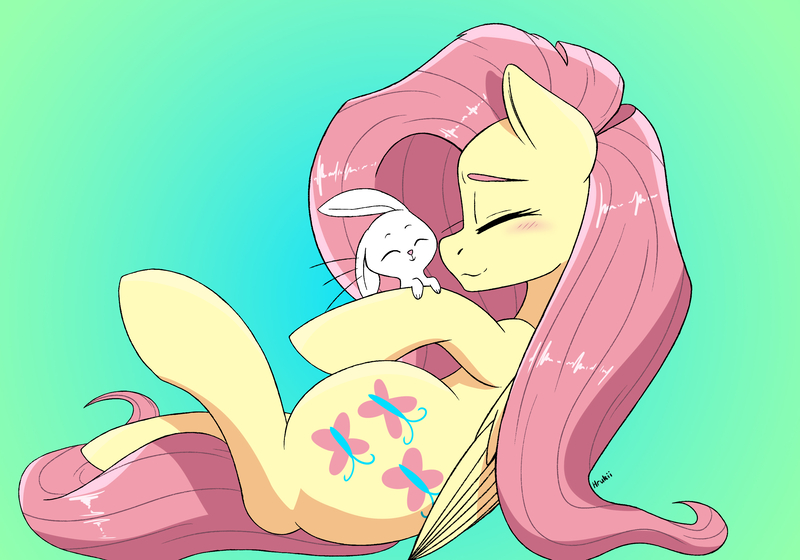 Size: 3000x2100 | Tagged: safe, artist:hrukii, derpibooru import, angel bunny, fluttershy, pegasus, pony, rabbit, angelbetes, animal, blushing, cute, duo, eyes closed, female, high res, image, jpeg, male, mare, profile, shyabetes, sitting