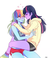 Size: 1150x1338 | Tagged: safe, artist:aaa-its-spook, derpibooru import, rainbow dash, twilight sparkle, human, equestria girls, blue skin, blushing, clothes, cute, eyebrows visible through hair, eyes closed, female, hands on shoulder, heart, hoodie, image, jpeg, kiss mark, kiss on the cheek, kissing, lesbian, lipstick, midriff, multicolored hair, pink skin, rainbow hair, rainbow socks, shipping, short shirt, shorts, signature, simple background, sitting on lap, sitting on person, socks, sports shorts, striped socks, twidash, white background