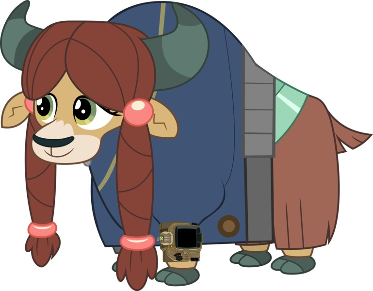 Size: 5000x3899 | Tagged: safe, artist:dashiesparkle, artist:ponygamer2020, derpibooru import, yona, yak, fallout equestria, school daze, absurd resolution, clothes, cloven hooves, cute, fallout, female, image, jumpsuit, pipboy, png, simple background, solo, transparent background, vault suit, vector, yonadorable