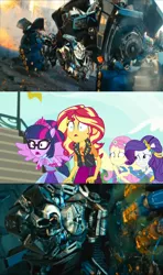 Size: 1920x3240 | Tagged: safe, derpibooru import, edit, edited screencap, screencap, fluttershy, rarity, sci-twi, sunset shimmer, twilight sparkle, robot, cheer you on, equestria girls, equestria girls series, spoiler:eqg series (season 2), autobot, bayformers, image, irl, ironhide, michael bay, paramount pictures, photo, png, ponied up, scitwilicorn, shrunken pupils, super ponied up, transformers, transformers dark of the moon