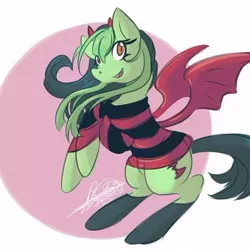 Size: 527x527 | Tagged: safe, artist:sakura_doujinshi_sd, derpibooru import, oc, unofficial characters only, bat pony, pony, abstract background, bat pony oc, bat wings, clothes, devil horns, female, image, jpeg, mare, rearing, signature, socks, solo, wings