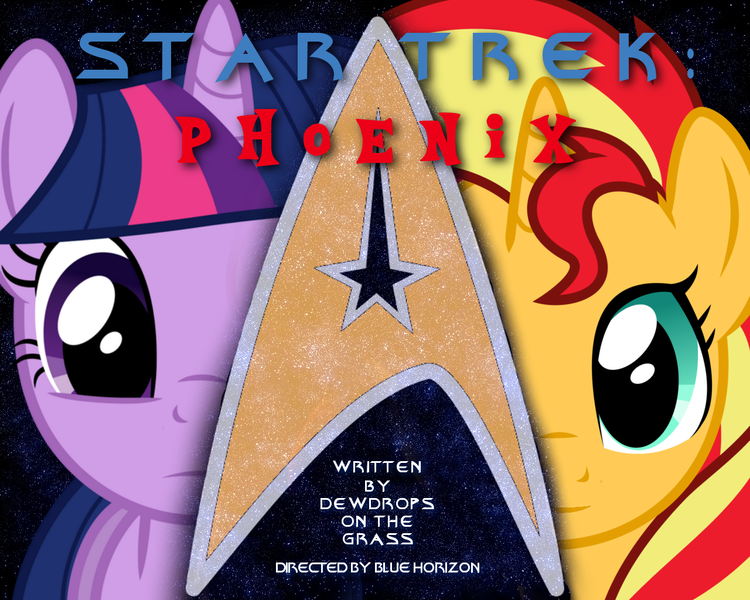 Size: 1280x1024 | Tagged: safe, artist:dewdrops on the grass, derpibooru import, sunset shimmer, twilight sparkle, pony, unicorn, fanfic:star trek: phoenix, cover art, crossover, duo, duo female, fanfiction art, female, image, mare, png, star trek, stars, text, unicorn twilight, vector