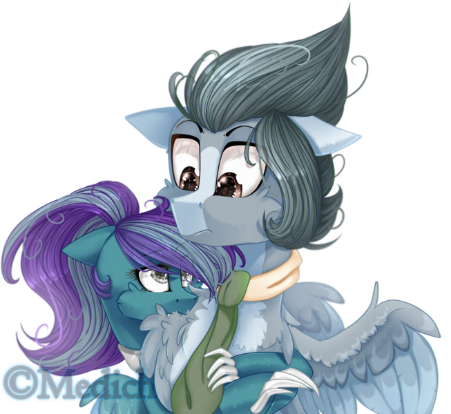 Size: 2446x2247 | Tagged: safe, artist:mediasmile666, derpibooru import, oc, unofficial characters only, pegasus, pony, bust, chest fluff, clothes, duo, female, floppy ears, high res, image, male, mare, png, scarf, simple background, spread wings, stallion, transparent background, wings