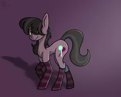 Size: 1830x1466 | Tagged: safe, artist:revenge.cats, derpibooru import, oc, earth pony, pony, barrette, bow, clothes, cutie mark, femboy, hair bow, hairclip, image, male, png, simple background, smiling, socks, solo, solo male, stockings, striped mane, striped socks, thick, thigh highs