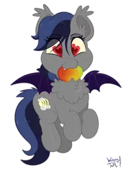 Size: 2448x3264 | Tagged: safe, artist:wispy tuft, derpibooru import, oc, oc:echo, bat, bat pony, fruit bat, pony, bat pony oc, bat wings, fluffy, food, fruit, image, mango, png, solo, true love, wings