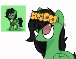 Size: 2228x1721 | Tagged: safe, artist:omelettepony, derpibooru import, oc, oc:anonfilly, oc:warcrimefilly, unofficial characters only, pegasus, pony, blushing, cute, female, filly, floral head wreath, flower, image, jpeg, looking up, simple background, smiling, solo, white background