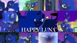 Size: 1280x721 | Tagged: safe, derpibooru import, edit, edited screencap, editor:quoterific, screencap, princess luna, alicorn, pony, a royal problem, between dark and dawn, bloom and gloom, do princesses dream of magic sheep, for whom the sweetie belle toils, luna eclipsed, princess spike (episode), princess twilight sparkle (episode), sleepless in ponyville, to where and back again, twilight's kingdom, book, clubhouse, crown, crusaders clubhouse, cute, eyes closed, female, image, jewelry, laughing, lunabetes, magic, mare, night, one eye closed, open mouth, png, ponytail, regalia, smiling, solo, telekinesis, wink