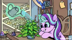 Size: 985x554 | Tagged: safe, artist:viocrence, derpibooru import, phyllis, starlight glimmer, pony, unicorn, glowing horn, horn, image, png, solo, starlight's office, watering, watering can