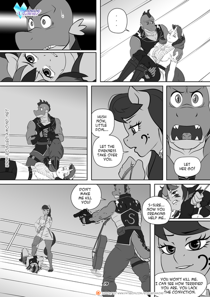 Size: 1200x1697 | Tagged: semi-grimdark, artist:pia-sama, derpibooru import, octavia melody, rainbow dash, rarity, spike, anthro, dragon, earth pony, pegasus, pony, unicorn, comic:rogue diamond, choking, female, image, male, mare, monochrome, older, older spike, png