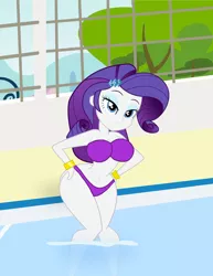 Size: 1600x2071 | Tagged: suggestive, artist:toonatiu, derpibooru import, edit, rarity, equestria girls, bikini, bracelet, breasts, busty rarity, clothes, curvy, female, image, jewelry, jpeg, lidded eyes, looking at you, purple bikini, purple swimsuit, rarihips, rarithighs, sexy, show accurate, solo, solo female, swimming pool, swimsuit, thighs, thunder thighs, wide hips