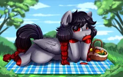 Size: 3318x2095 | Tagged: safe, artist:pridark, derpibooru import, oc, unofficial characters only, pegasus, pony, chili pepper, commission, eating, female, grass, high res, image, looking at you, picnic, picnic blanket, png, solo