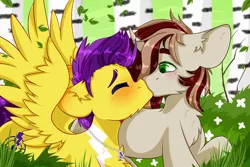 Size: 3000x2000 | Tagged: safe, artist:etoz, derpibooru import, oc, oc:blazing bullet, oc:skyspark, unofficial characters only, pegasus, pony, unicorn, blushing, commission, eyes closed, forest, gay, grass, happy, high res, horn, image, kissing, leaves, male, pegasus oc, png, stallion, surprised, tree, unicorn oc, wings, ych result