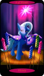 Size: 1500x2591 | Tagged: safe, artist:sixes&sevens, derpibooru import, trixie, unicorn, cape, clothes, curtain, female, fireworks, hat, image, minor arcana, png, six of wands, solo, spotlight, stage, tarot card, trixie's cape, trixie's hat